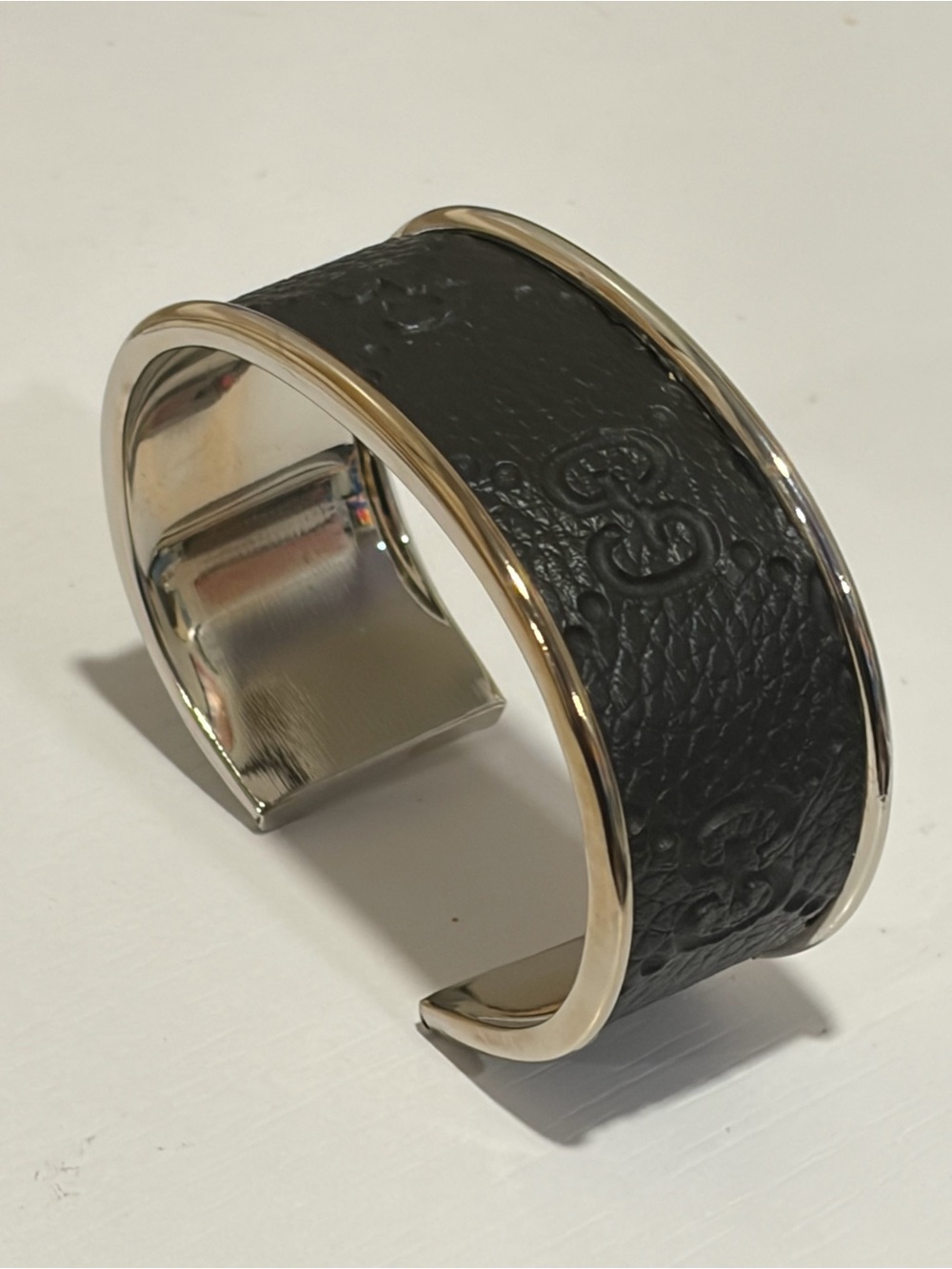 Black Leather-Textured Silver Cuff Bracelet
